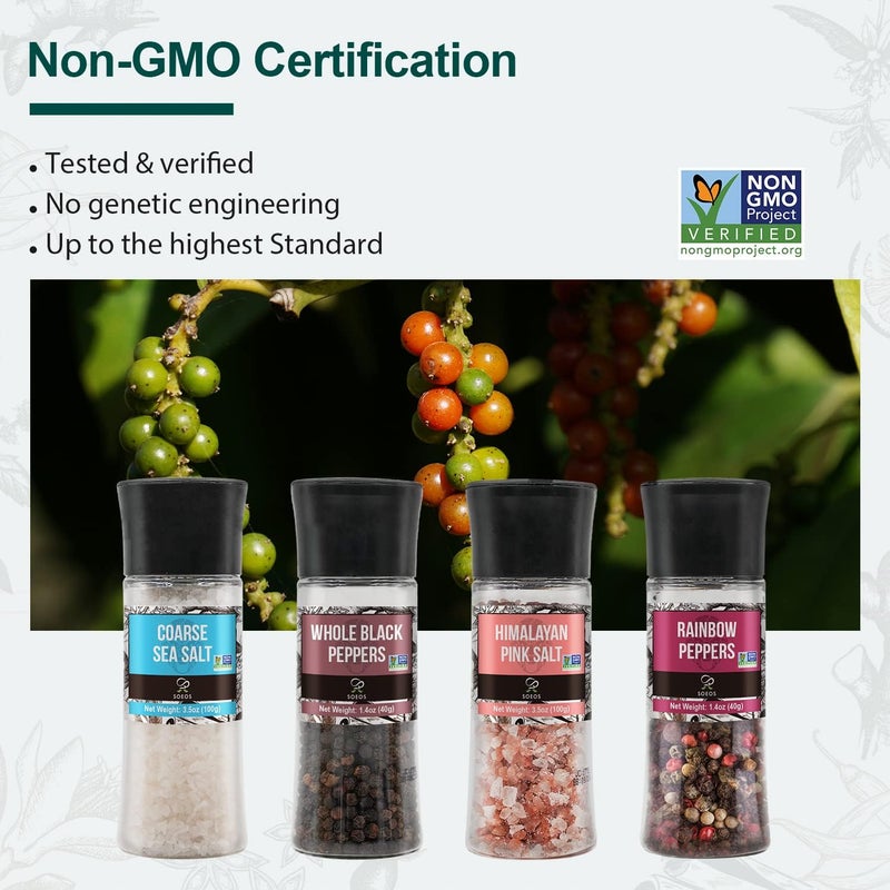 Soeos Spice Set: Black Peppercorns, Sea Salt, Rainbow Peppercorns & Pink Salt - Image 5
